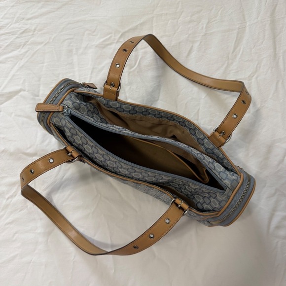 Nine West Shoulder Bag Blue Gray Pattern Tan Leather Trim Zip Top - Picture 3 of 4